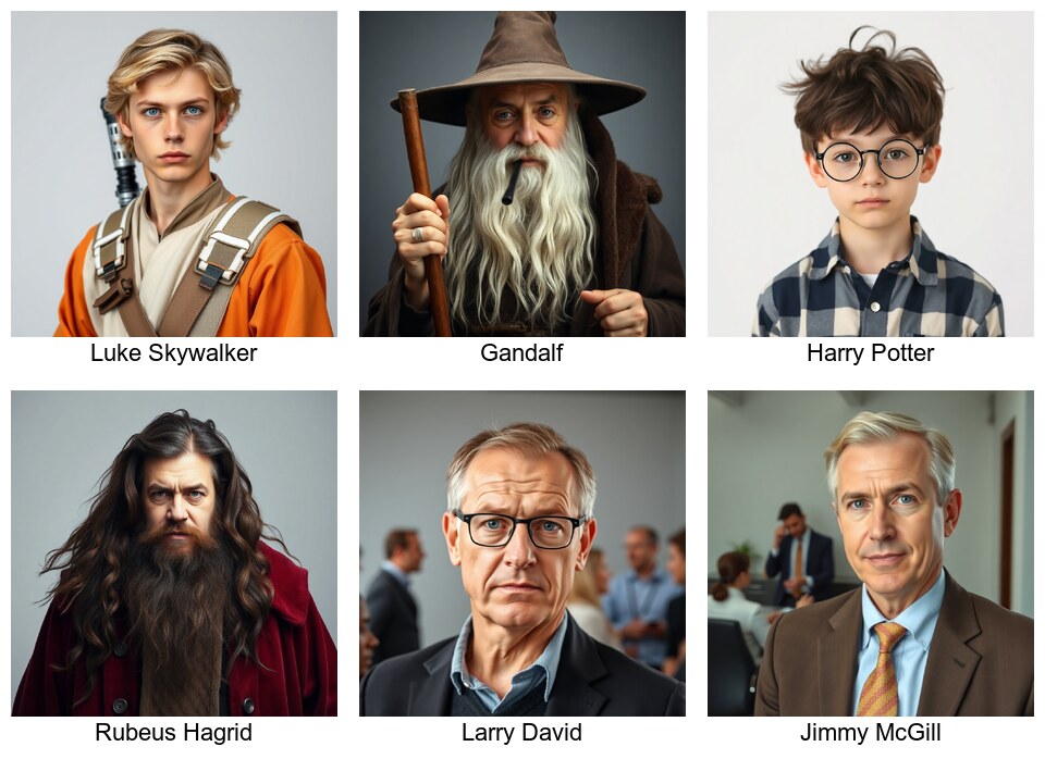 A 3×2 grid of character headshots generated from the pipeline's clustered descriptions: Luke Skywalker, Gandalf, Harry Potter, Rubeus Hagrid, Larry David, and Jimmy McGill.