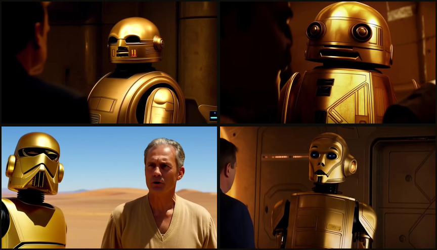 Four reconstructed frames of C-3PO from the same Lars homestead scene in Star Wars IV. He is a different gold droid in each — a different head and face every time.