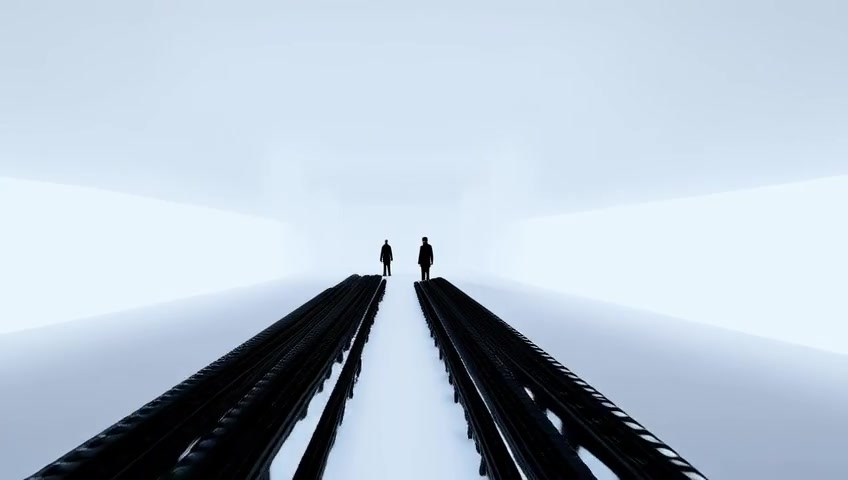 A reconstructed frame from The Matrix, generated by the lossy pipeline: two figures in a stark white void flanked by endless racks of weapons receding into the distance.