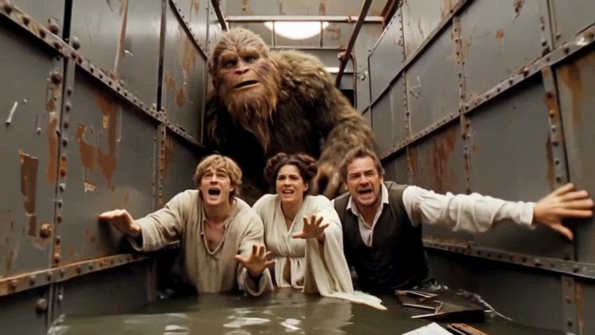 A reconstructed Star Wars IV garbage-masher frame: Luke, Leia, Han and Chewbacca trapped as two grimy metal walls grind inward, squeezing them and floating debris into a narrowing gap.