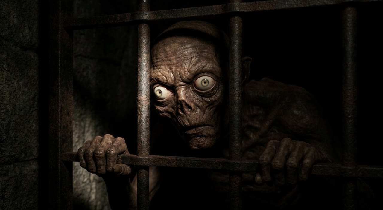 Nano Banana 2 generation from the same prompt: a sharp, fully-formed gaunt creature gripping rusted prison bars, gnarled skin and pale eyes clearly rendered.