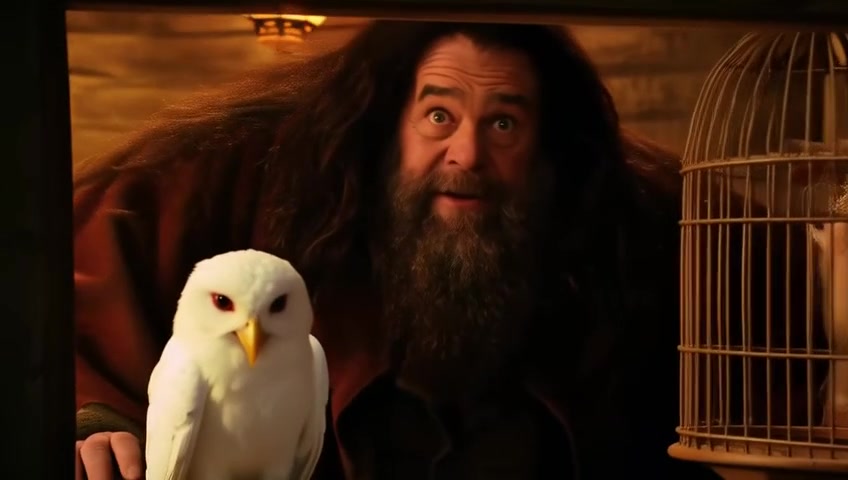 Hagrid and Hedwig the snowy owl, reconstructed by the lossy pipeline (character-identity-enriched generation).