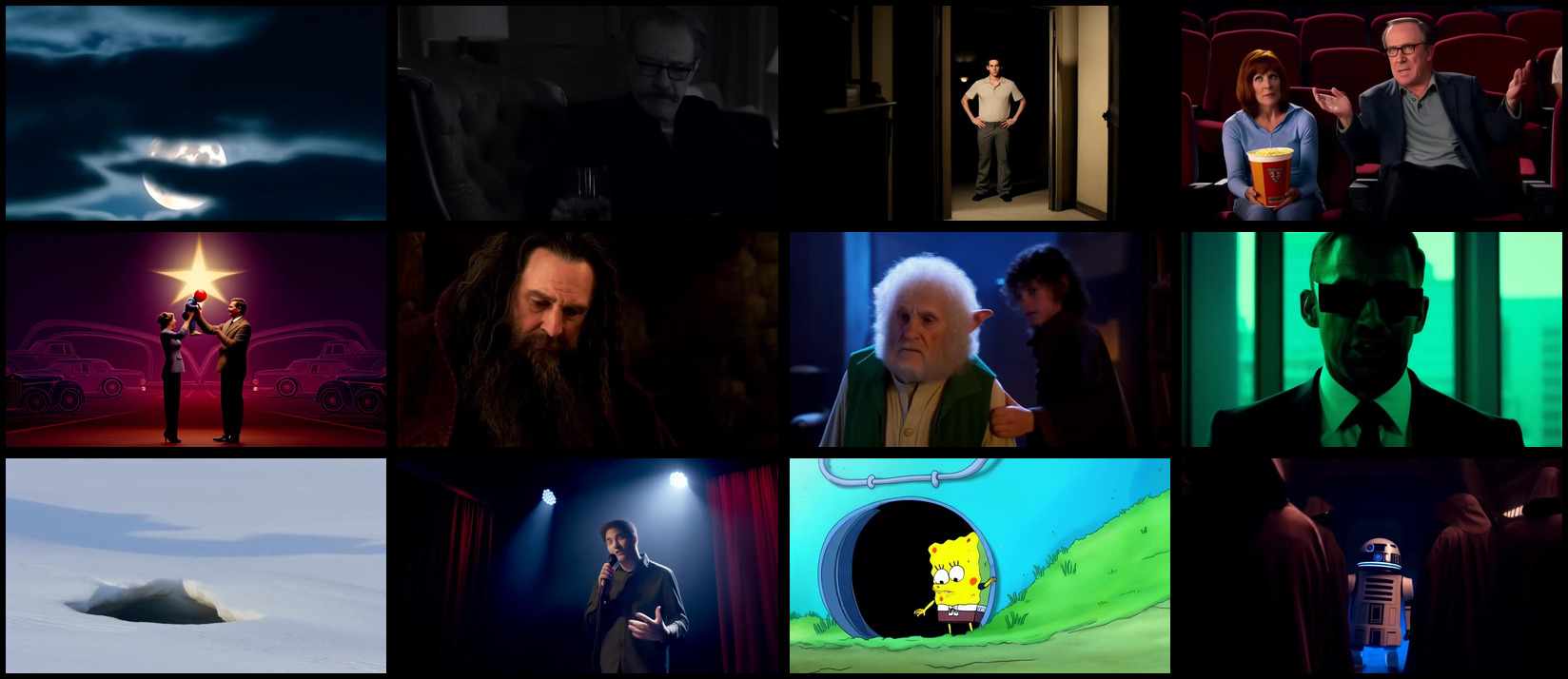 A 4×3 grid of mid-clip frames from twelve films reconstructed by the lossy pipeline.