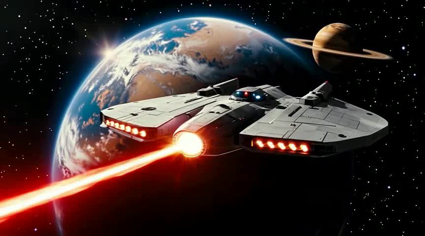 Seedance 1.0 Pro reconstruction of the same shot: a cleaner, more cinematic ship firing a red laser over a single planet against a starfield.