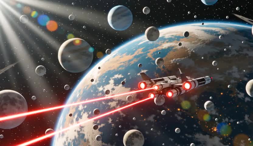 Wan 2.1 reconstruction of the opening Star Wars space shot: a blocky ship firing a red laser, surrounded by a busy field of planets and lens flares.