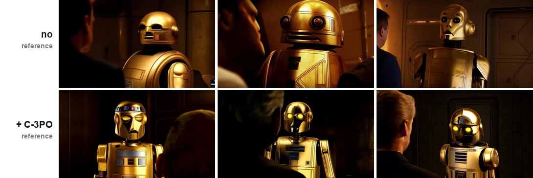 A 3×2 grid of reconstructed C-3PO frames from Star Wars IV. The top row, generated with no reference image, shows three different gold droids. The bottom row, generated with a C-3PO reference image fed in, shows a consistent gold humanoid droid with yellow eyes across all three shots.
